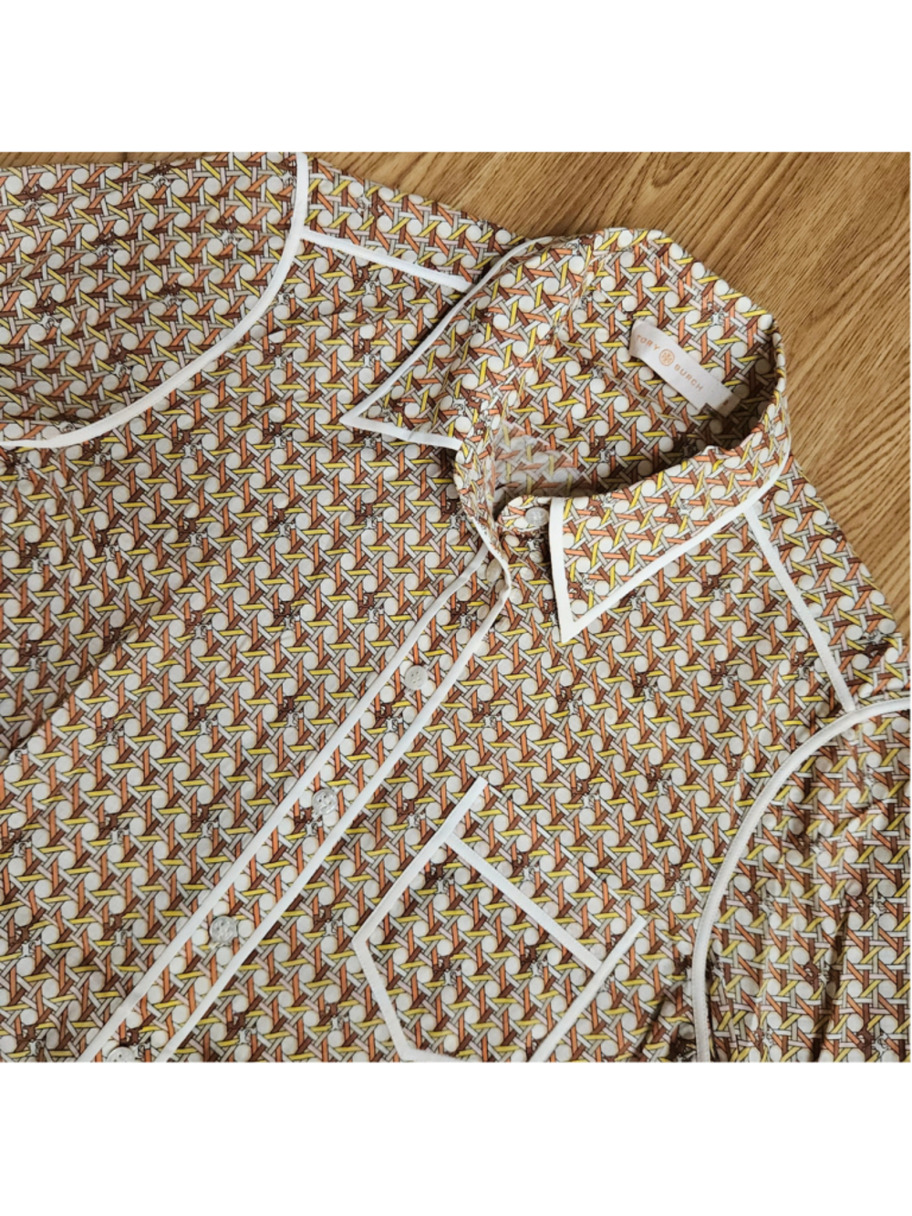 Tory Burch Brigitte Basket Weave Contrast Trim Blouse Button Up Signature Small